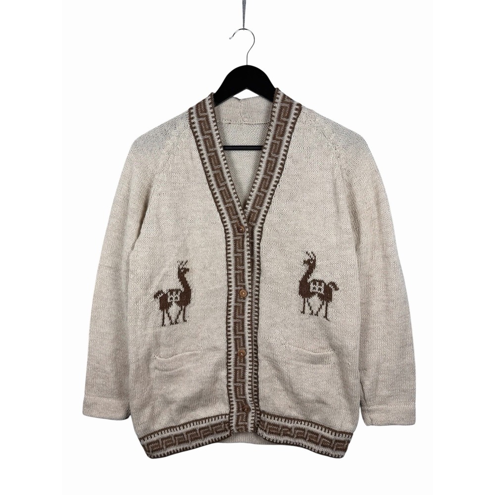 Vintage Southwestern Alpaca Look Knit Cardigan Sweater Llama Camel Pattern XS-S